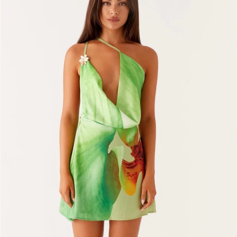Green One-Shoulder Floral Satin Mini Dress - peppermayo UNWORN